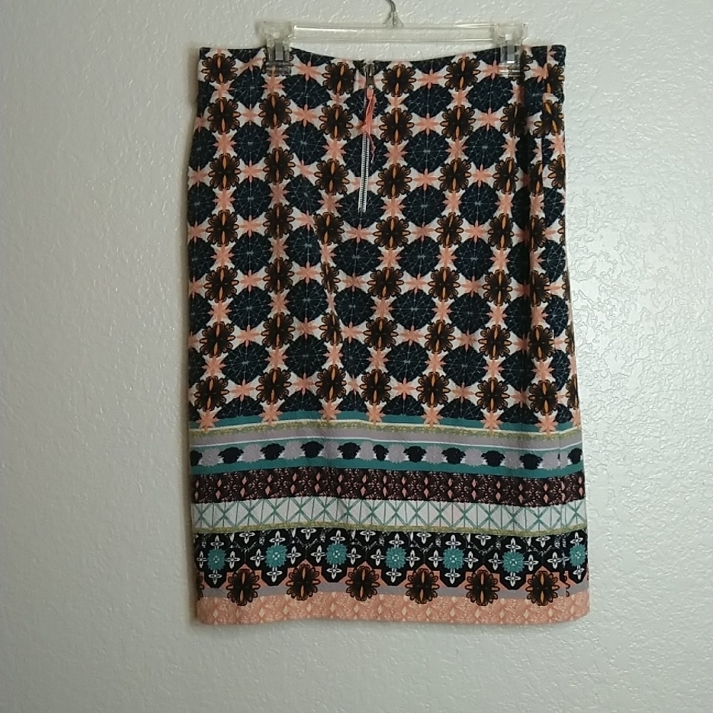 Maeve Anthropologie "Tearoom" Pencil Skirt Slit Mix Floral Geometric Boho View 6